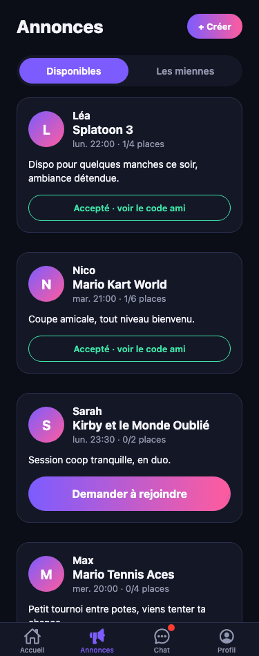 Annonces de sessions sur plusieurs jeux différents dans MateSync