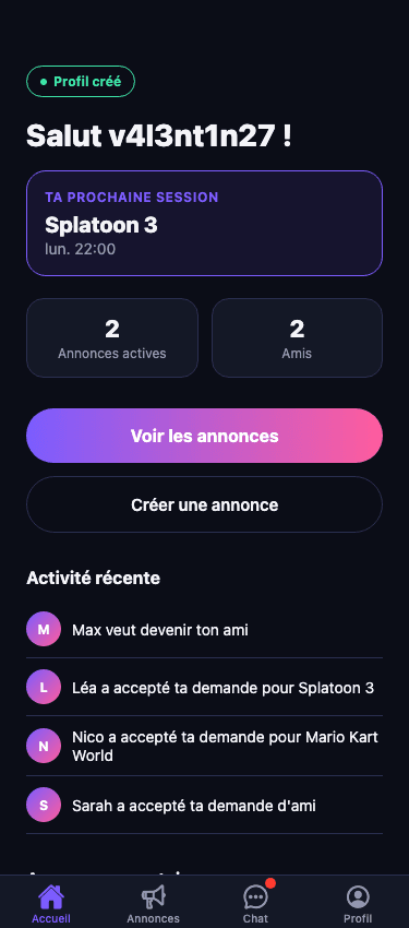 Écran d'accueil de l'app MateSync avec activité récente