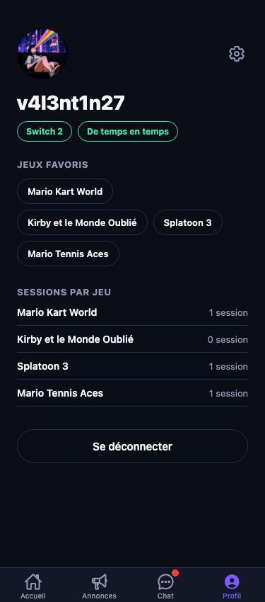 Profil joueur personnalisé dans l'app MateSync